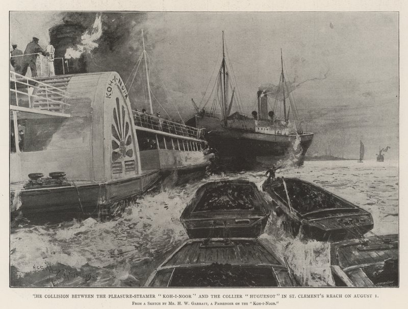La colisión entre el barco de recreo Koh-i-Noor y el carbonero Huguenot en St Clement