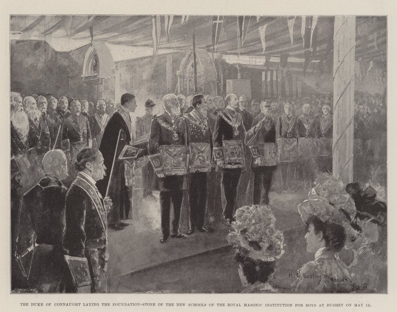 El Duque de Connaught colocando la primera piedra de las nuevas escuelas de la Institución Real Masónica para Niños en Bushey el 12 de mayo de Henry Charles Seppings Wright