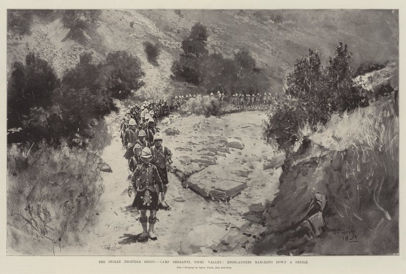 El levantamiento de la frontera india, Campamento Sheranni, Valle de Tochi, Highlanders marchando por un desfiladero de Henry Charles Seppings Wright
