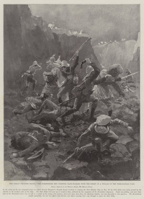 El levantamiento de la frontera india, los hombres de Dorset luchando cuerpo a cuerpo con el enemigo en un Nullah en el paso de Tseri-Kandao de Henry Charles Seppings Wright