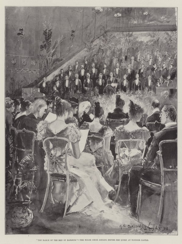 La marcha de los hombres de Harlech, el coro galés cantando ante la Reina en el Castillo de Windsor de Henry Charles Seppings Wright