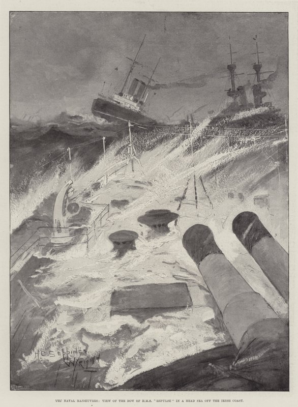 Las maniobras navales, vista de la proa del HMS Repulse en un mar de proa frente a la costa irlandesa de Henry Charles Seppings Wright