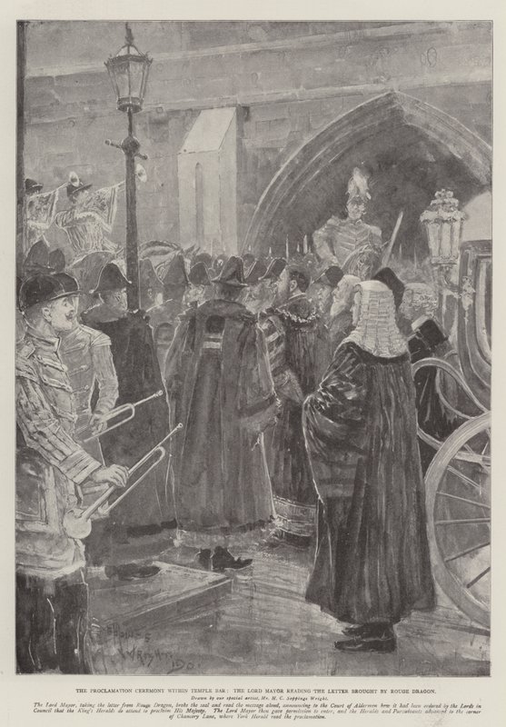 La ceremonia de proclamación dentro de Temple Bar, el alcalde leyendo la carta traída por Rouge Dragon de Henry Charles Seppings Wright