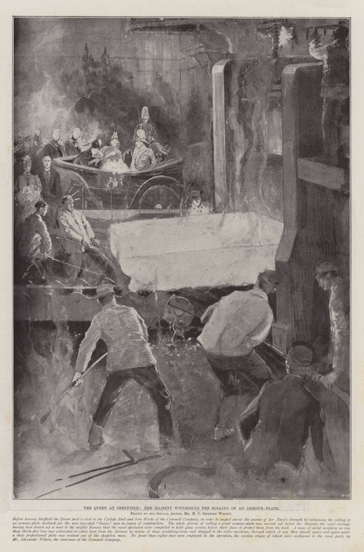 La reina en Sheffield, Su Majestad presenciando el laminado de una placa de armadura de Henry Charles Seppings Wright