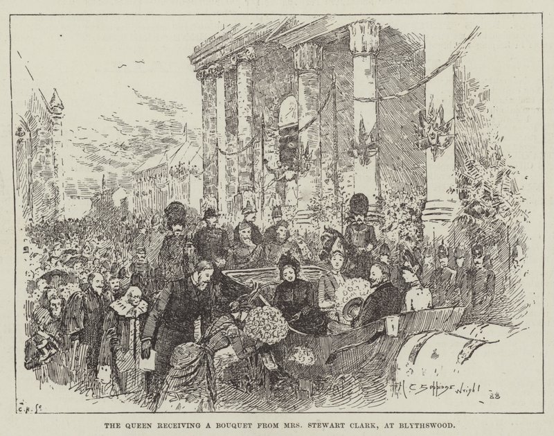 La Reina recibiendo un ramo de flores de la Sra. Stewart Clark, en Blythswood de Henry Charles Seppings Wright