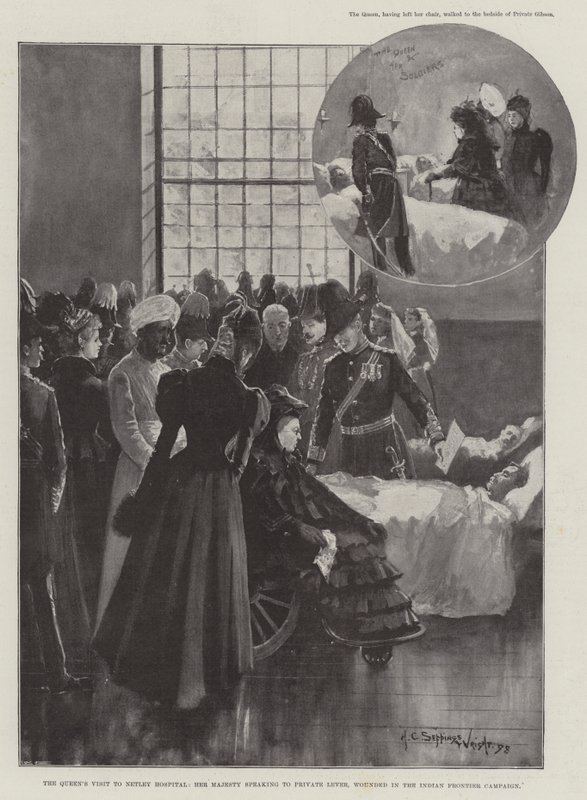 La Visita de la Reina al Hospital de Netley, Su Majestad hablando con el Soldado Lever, herido en la Campaña Fronteriza India de Henry Charles Seppings Wright