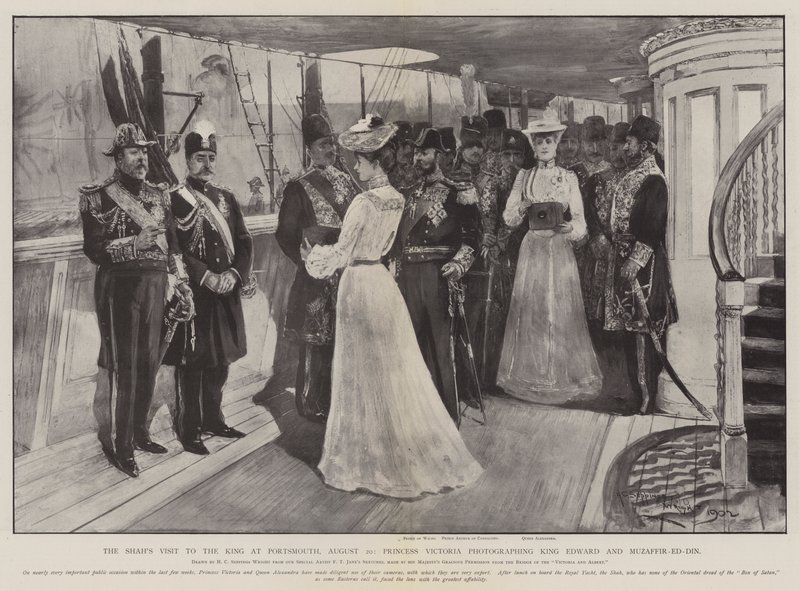 La visita del Shah al Rey en Portsmouth, 20 de agosto, la Princesa Victoria fotografiando al Rey Eduardo y Muzaffir-ed-Din de Henry Charles Seppings Wright