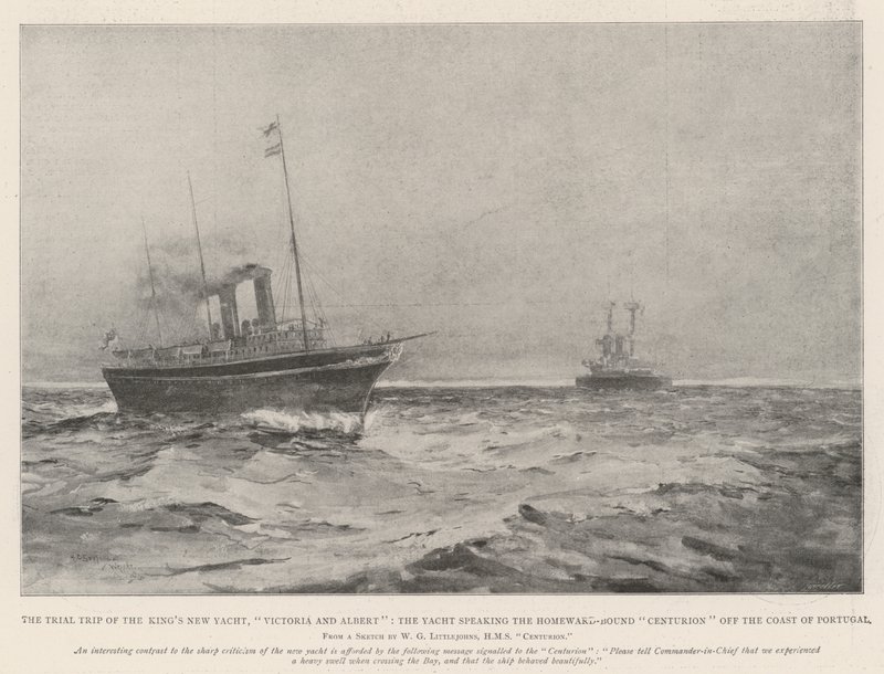 El viaje de prueba del nuevo yate del Rey, Victoria y Albert, el yate hablando con el Centurión de regreso a casa frente a la costa de Portugal de Henry Charles Seppings Wright