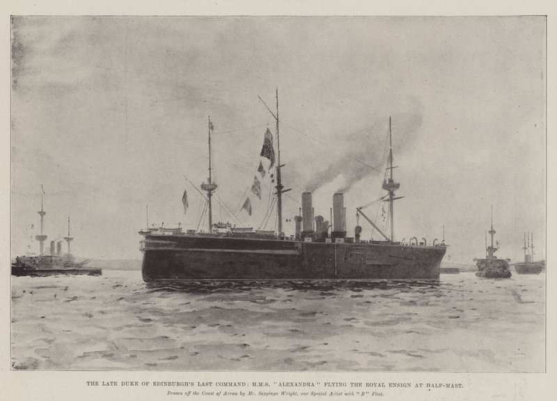 El último mando del difunto Duque de Edimburgo, HMS Alexandra ondeando el estandarte real a media asta de Henry Charles Seppings Wright