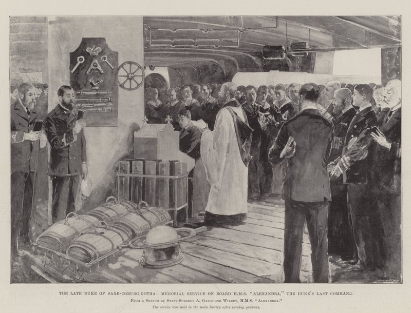 El difunto Duque de Sajonia-Coburgo-Gotha, Servicio Memorial a bordo del HMS Alexandra, el último comando del Duque de Henry Charles Seppings Wright