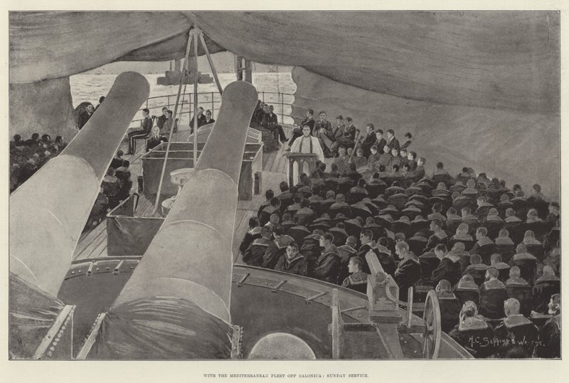 Con la flota del Mediterráneo frente a Salónica, servicio dominical de Henry Charles Seppings Wright