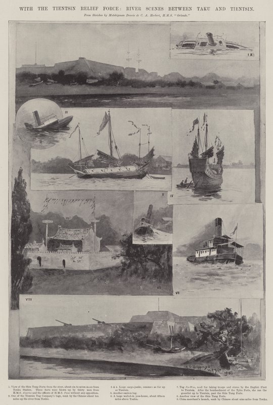 Con la Fuerza de Socorro de Tientsin, escenas del río entre Taku y Tientsin de Henry Charles Seppings Wright