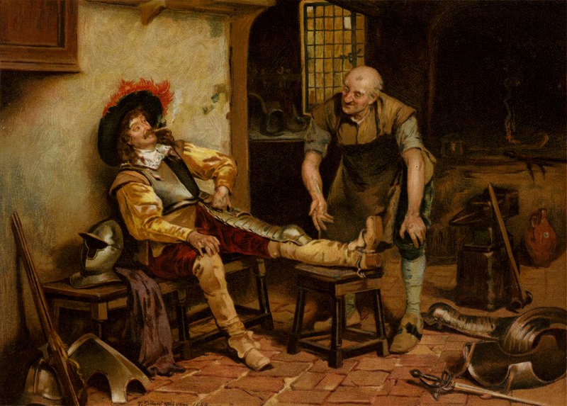A Splendid Fit, un hombre equipado con una armadura (chromolitho) de Henry Gillard (after) Glindoni
