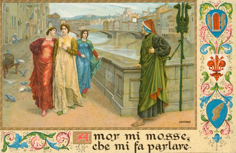 Poeta italiano Dante Alighieri y Beatrice Portinari (chromolitho) de Henry Holiday