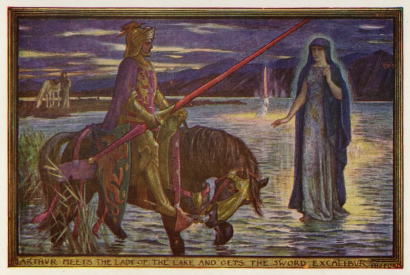 Arthur conoce a la Dama del Lago y obtiene la espada Excalibur (litografia en color) de Henry Justice Ford