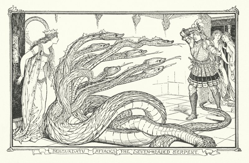 Bensurdatu ataca a la serpiente de siete cabezas (grabado) de Henry Justice Ford