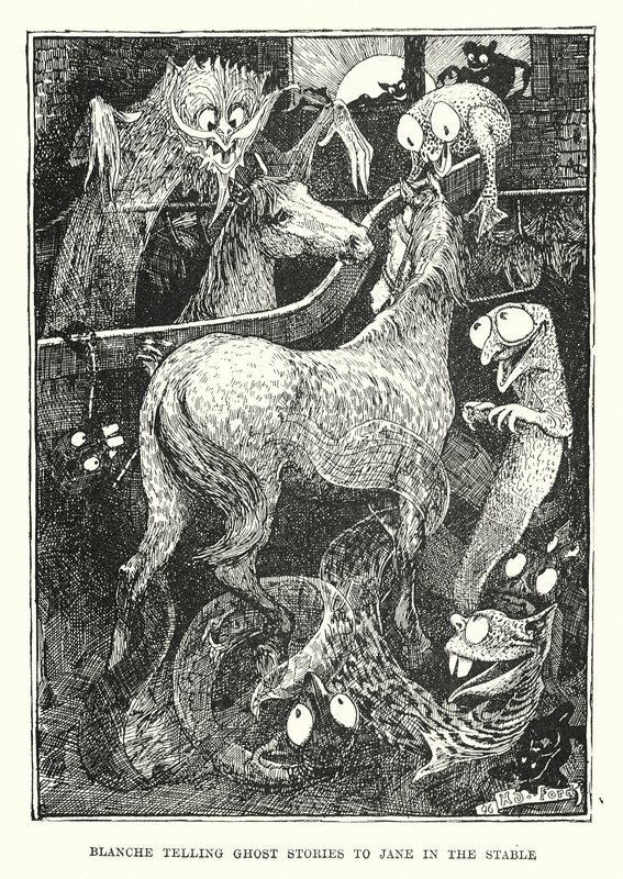 Blanche contando historias de fantasmas a Jane en el establo (grabado) de Henry Justice Ford
