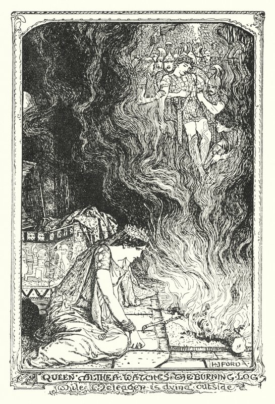La Reina Althea observa el tronco ardiendo mientras Meleagro muere afuera de Henry Justice Ford