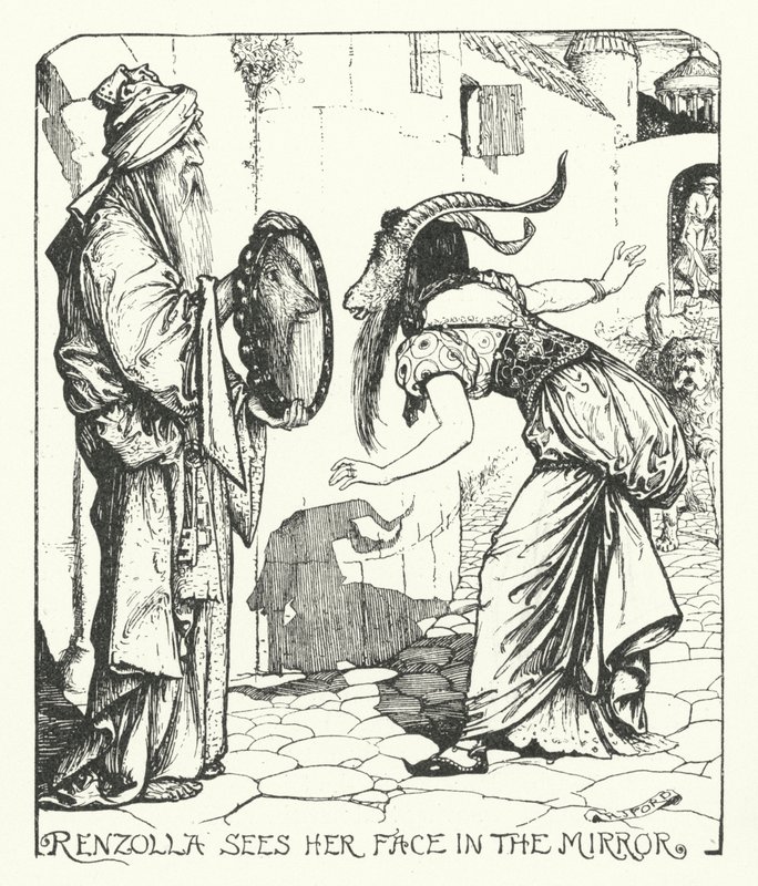 Renzolla ve su rostro en el espejo (grabado) de Henry Justice Ford