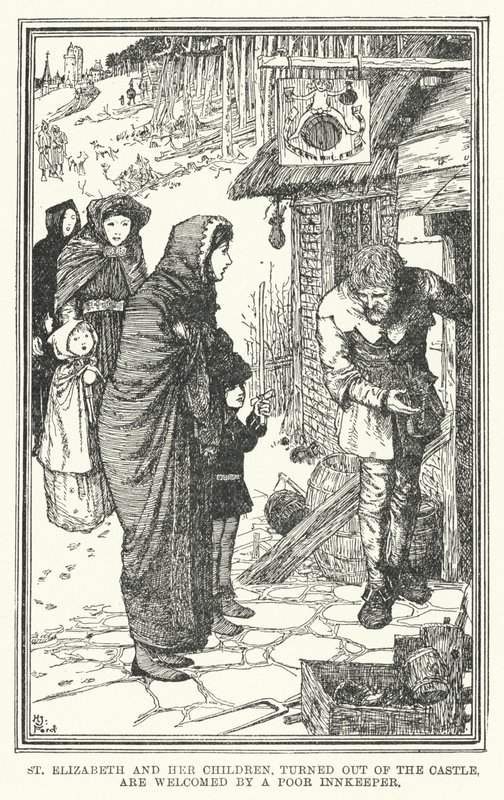 Santa Isabel y sus hijos, expulsados del castillo, son recibidos por un pobre posadero de Henry Justice Ford
