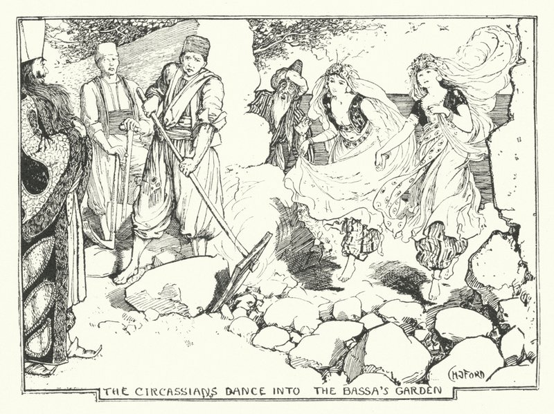 Los circasianos bailan en el jardín del Bassa (grabado) de Henry Justice Ford