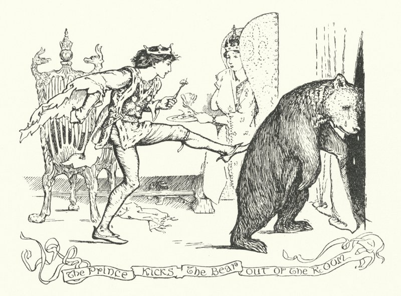 El príncipe patea al oso fuera de la habitación (grabado) de Henry Justice Ford