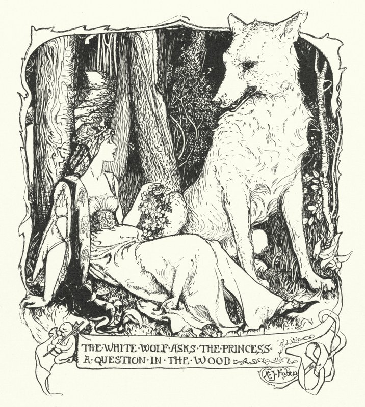 El lobo blanco hace una pregunta a la princesa en el bosque de Henry Justice Ford