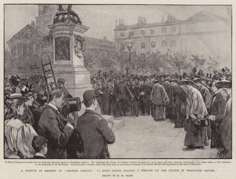 Un Tributo de Respeto a Gordon Chino, Li Hung Chang colocando una Corona en la Estatua en Trafalgar Square de Henry Marriott Paget