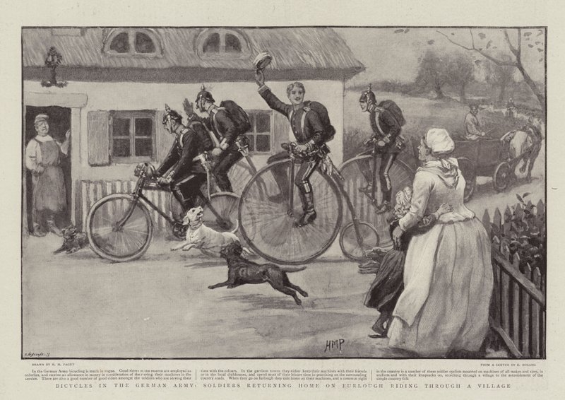 Bicicletas en el Ejército Alemán, Soldados regresando a casa de permiso pasando por un pueblo de Henry Marriott Paget