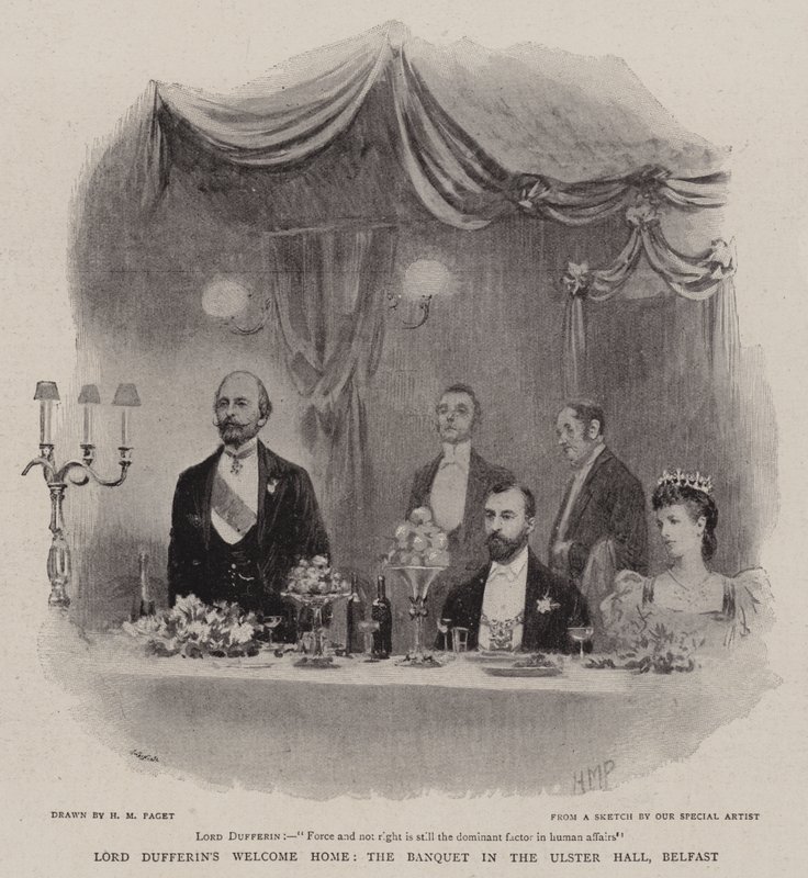 Bienvenida a casa de Lord Dufferin, el banquete en el Ulster Hall, Belfast de Henry Marriott Paget
