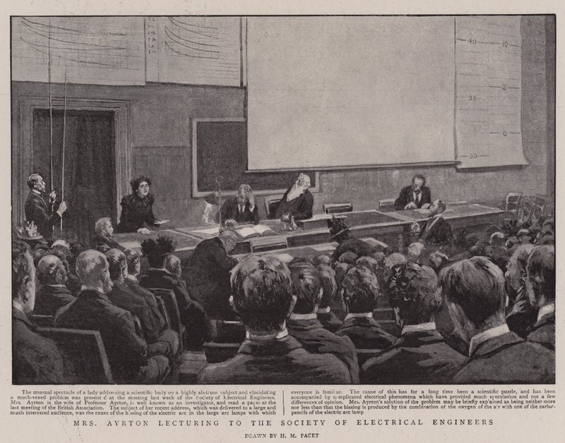 La Sra. Ayrton dando una conferencia a la Sociedad de Ingenieros Eléctricos de Henry Marriott Paget