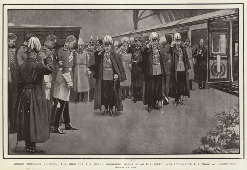 Funeral de la Reina Victoria, el Rey y los dolientes reales saludando mientras el ataúd era llevado al tren en Paddington de Henry Marriott Paget