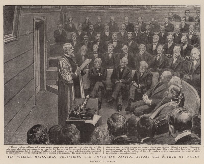 Sir William MacCormac dando la Oración Hunteriana ante el Príncipe de Gales de Henry Marriott Paget