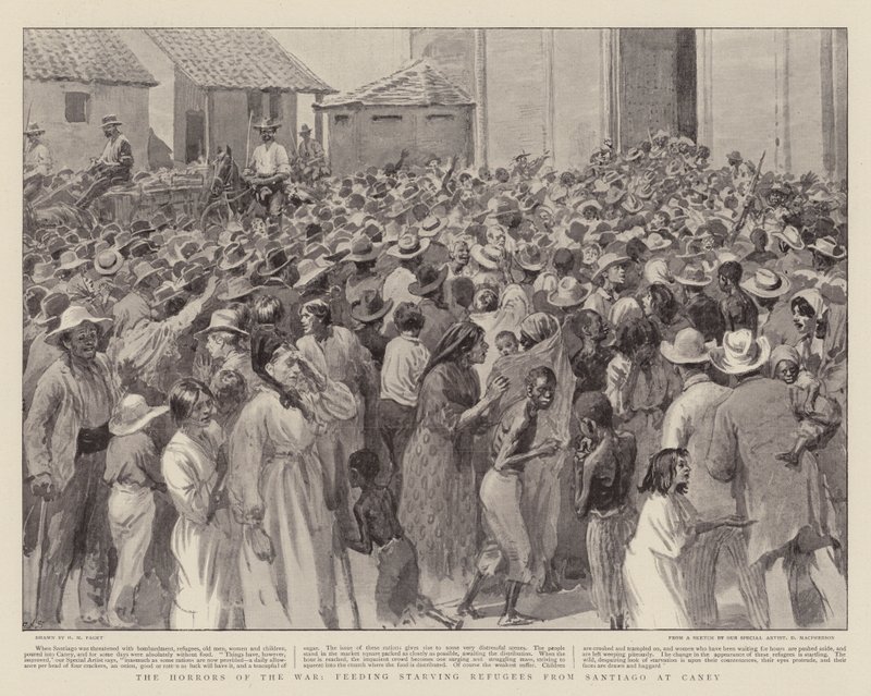 Los horrores de la guerra, alimentando a los refugiados hambrientos de Santiago en Caney de Henry Marriott Paget