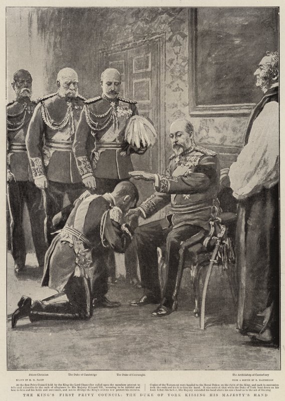 El primer consejo privado del rey, el duque de York besando la mano de Su Majestad de Henry Marriott Paget