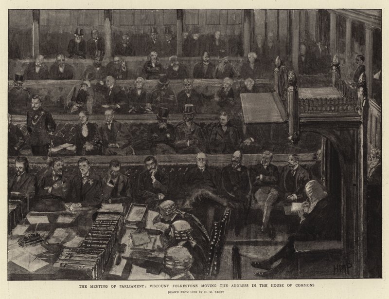 La Reunión del Parlamento, el Vizconde Folkestone moviendo la Dirección en la Cámara de los Comunes de Henry Marriott Paget
