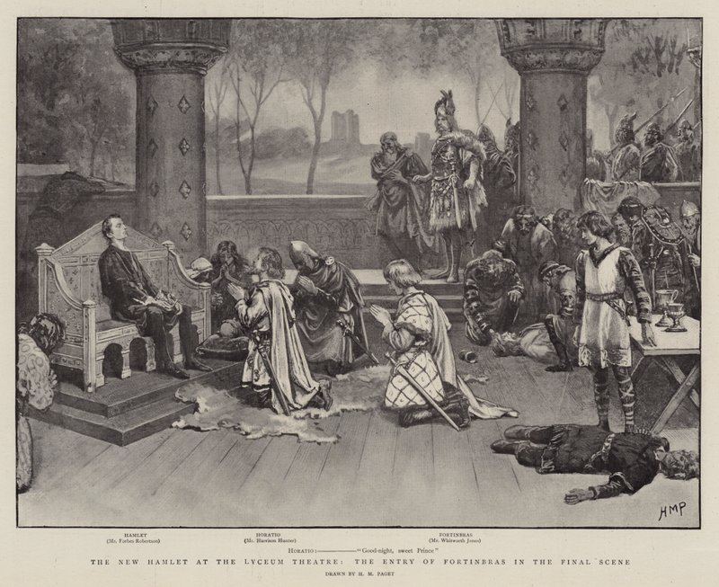 El nuevo Hamlet en el Teatro Lyceum, la entrada de Fortinbras en la escena final de Henry Marriott Paget