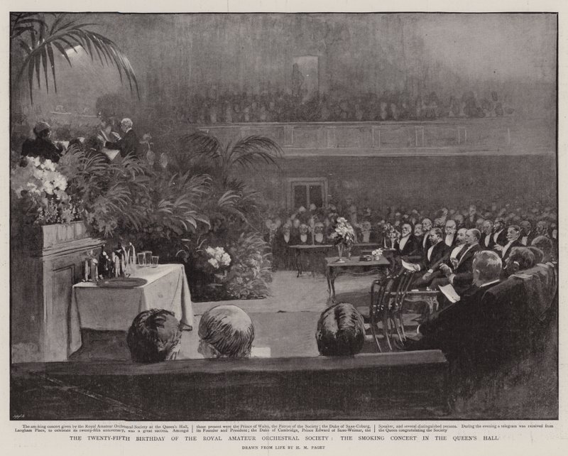 El vigésimo quinto cumpleaños de la Sociedad Real de Orquesta Amateur, el concierto de fumadores en el Queen