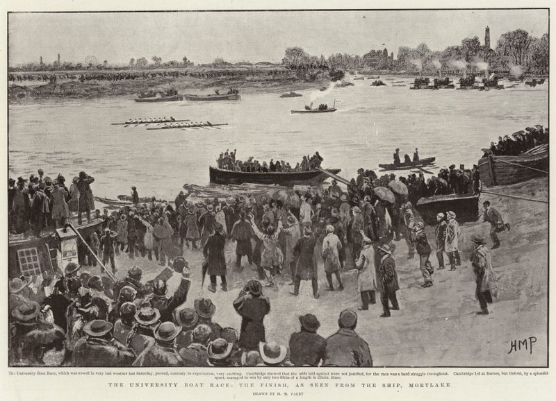 La carrera de botes universitarios, el final, visto desde el barco, Mortlake de Henry Marriott Paget