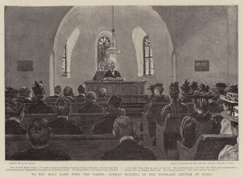 A Tierra Santa con el Kaiser, Domingo por la mañana en la iglesia de los Templarios en Haifa de Henry Marriott Paget