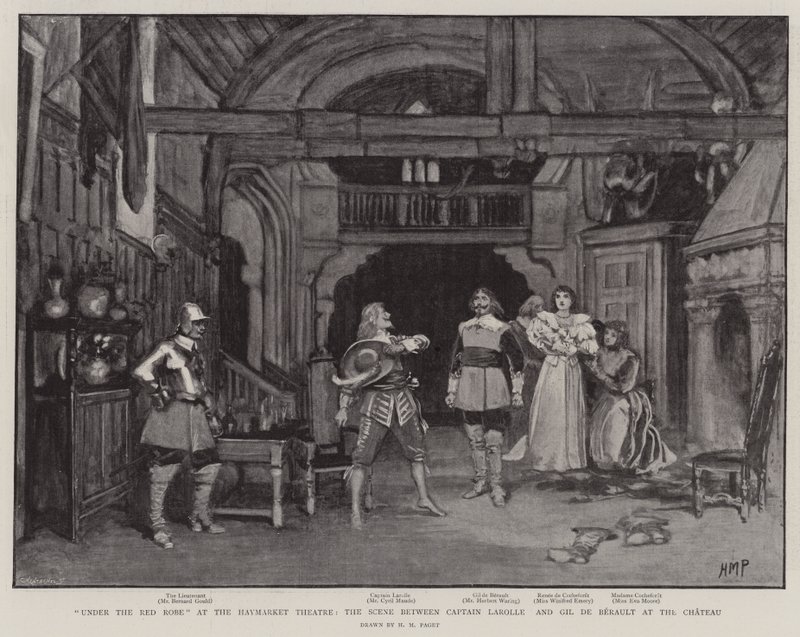 Bajo la Toga Roja en el Teatro Haymarket, la Escena entre el Capitán Larolle y Gil de Berault en el Castillo de Henry Marriott Paget