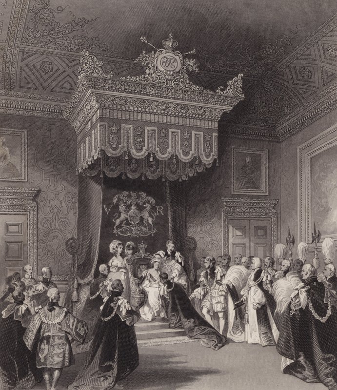 La reina Victoria en el trono, Palacio de St James, Londres de Henry Melville