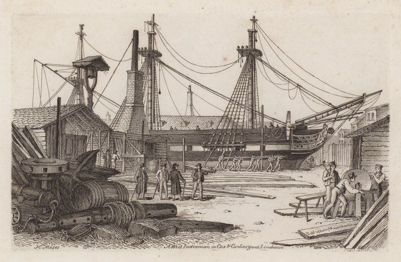Un barco de las Indias Occidentales en el astillero de Cox y Curlins, Limehouse de Henry Moses