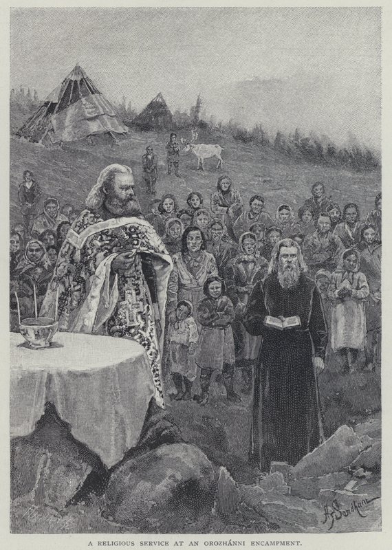 Un servicio religioso en un campamento de Orozhanni (litografía) de Henry Sandham