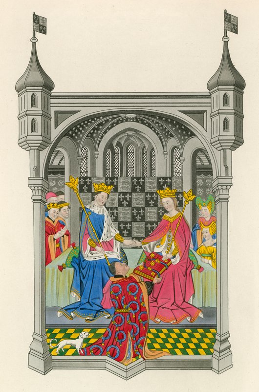 John Talbot, Conde de Shrewsbury, presentando su libro a la Reina Margarita, ilustración de 