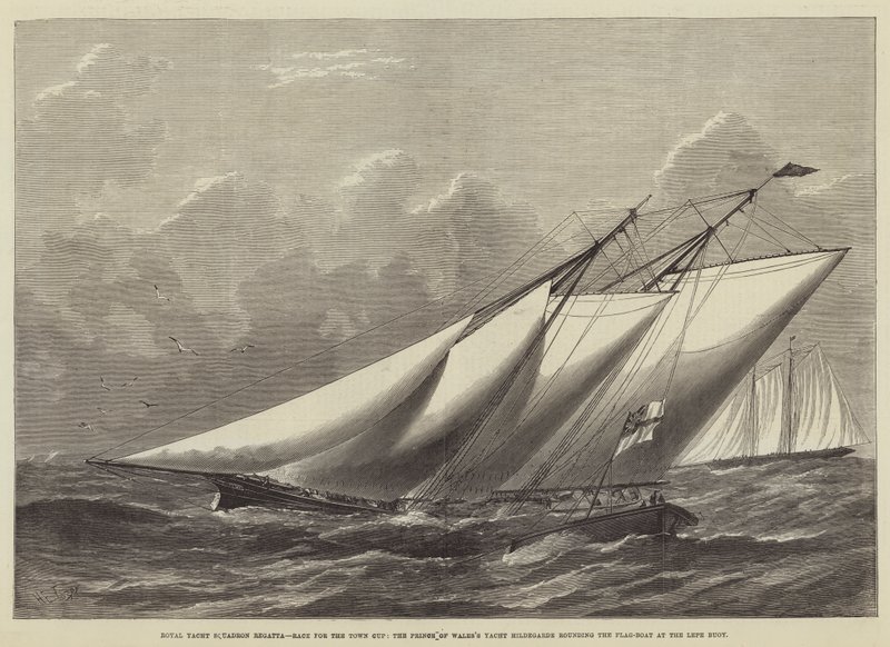 Regata del Royal Yacht Squadron, carrera por la Copa de la Ciudad, el yate Hildegarde del Príncipe de Gales rodeando el bote de bandera en la boya de Lepe de Henry Spernon Tozer