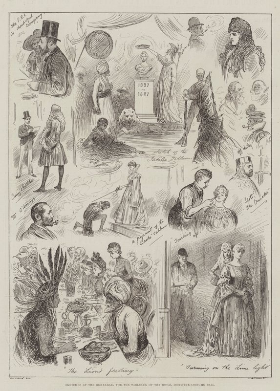 Bocetos en el ensayo para los cuadros del baile de disfraces del Instituto Real de Henry Stephen Ludlow