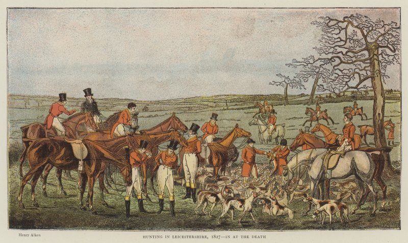 Caza en Leicestershire, 1827, en la muerte (cromolitografía) de Henry Thomas Alken