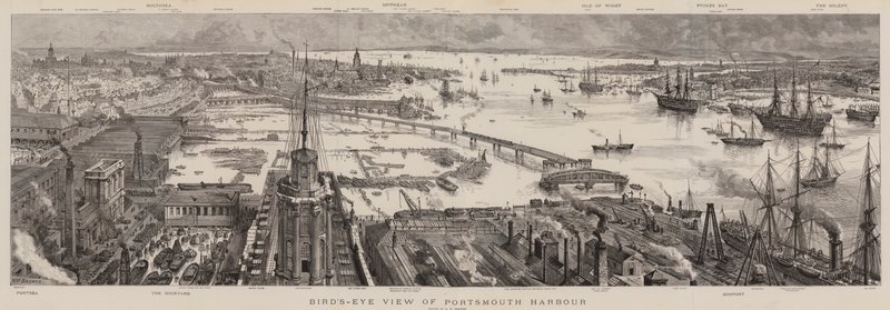 Vista aérea del puerto de Portsmouth de Henry William Brewer