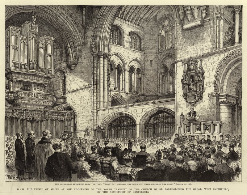 S.A.R. el Príncipe de Gales en la reapertura del Transepto Norte de la Iglesia de San Bartolomé el Grande, West Smithfield, por el Arzobispo de Canterbury de Henry William Brewer